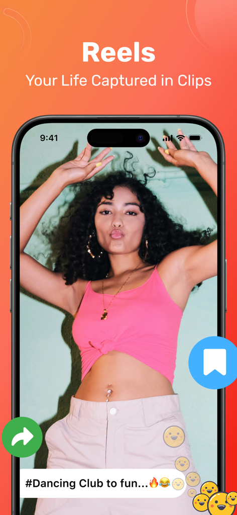 All Video Downloader & Play - Mobile App-Oberfläche, die ein Social-Media-Reel mit Lesezeichen- und Teilen-Symbolen anzeigt.