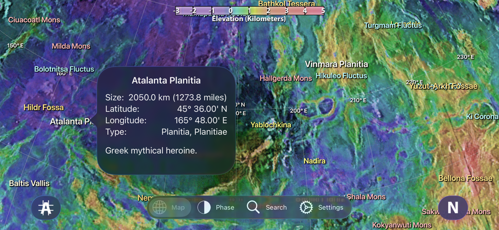 Venus Atlas - 金星アトラス地形マップで、Atalanta Planitiaの詳細な地質学的特徴とデータが表示されています。