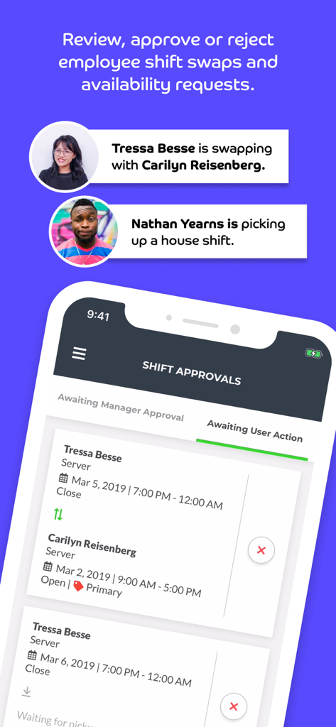 Push Manager - Interfaz de la aplicación Push Manager que muestra las solicitudes de intercambio de turnos y el panel de aprobación del gerente