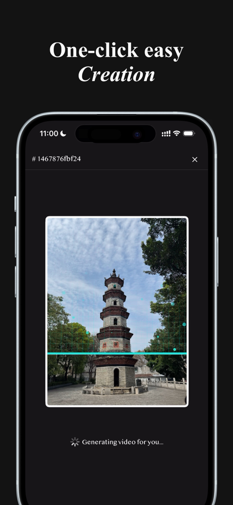 Interfaz de la aplicación AI Pika Art mostrando una foto de una pagoda siendo procesada en un vídeo con el texto creación fácil con un clic