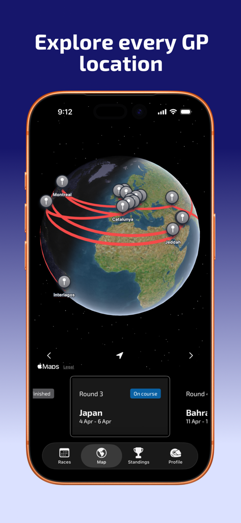 Pit Stop app screen showing a 3D globe with Formula 1 Grand Prix locations