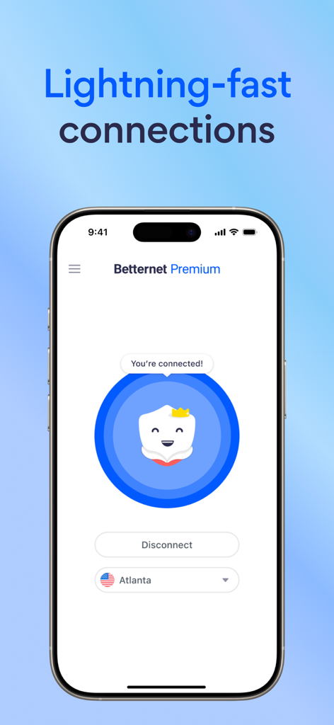 Betternet VPN Premium interface showing a successful connection to a server in Atlanta with a lightning-fast status.
