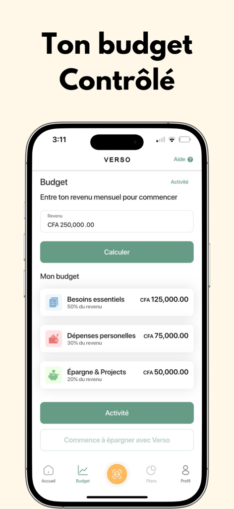 Verso App - Smartphone screen showing the Verso App budget management interface with categories for essential needs personal expenses and savings
