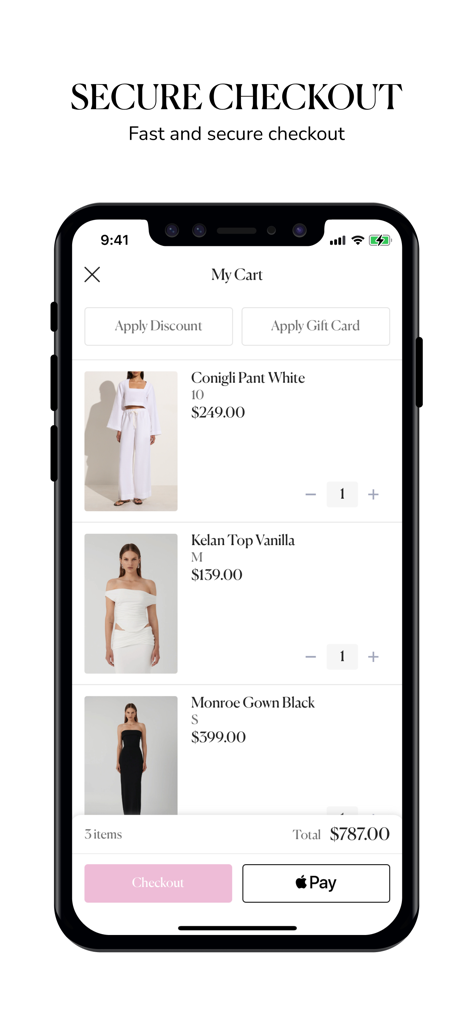 Girls with Gems - Girls with Gems mobile app shopping cart screen showing fashion items and Apple Pay checkout option