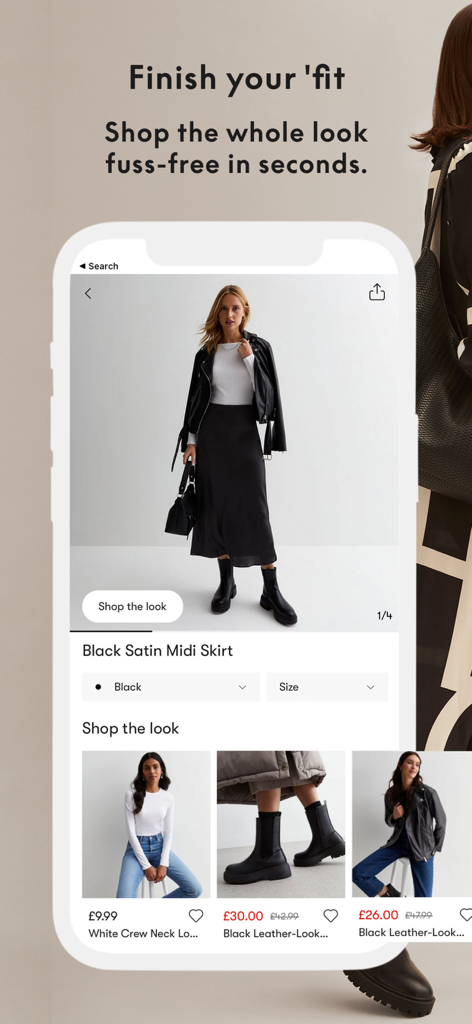Interface do app New Look mostrando o recurso 'compre o look' para um conjunto coordenado