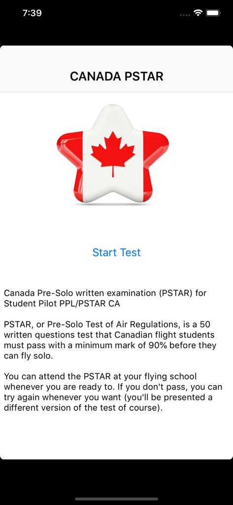Canada Pre-Solo written exam - Canada PSTAR pre solo written exam app home screen featuring a Canadian flag star icon and start test button