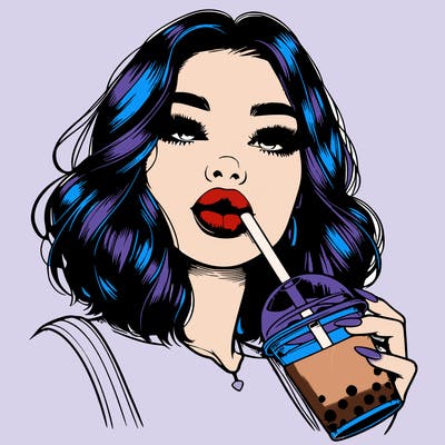 realistic girl with glossy lips holding boba
