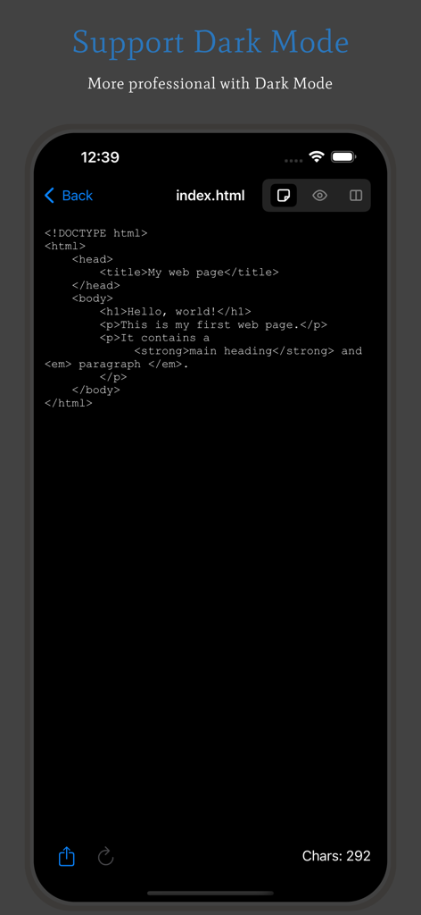Text Edit - WordPad+ - Text Edit - WordPad plus app showing an HTML code editor interface in dark mode.