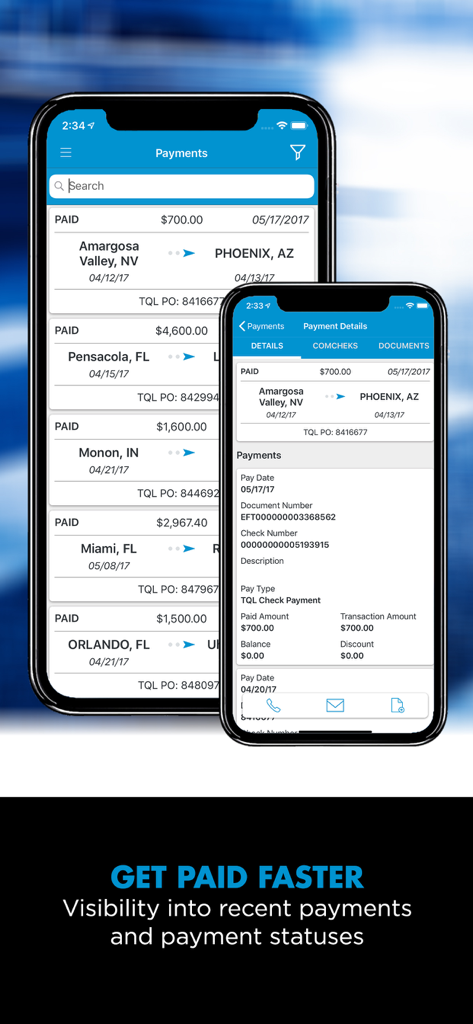 TQL Carrier Dashboard - TQL Carrier Dashboard app payment history and status tracking interface