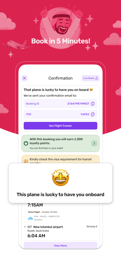 almatar: Book. Travel. Save - Schermata di conferma della prenotazione del volo nell'app di viaggi almatar con ricompensa in punti fedeltà.