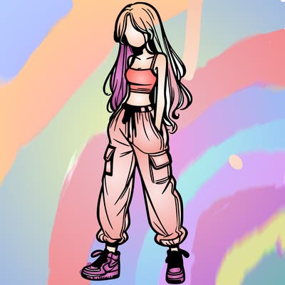 girl in baggy pants crop top and long hair