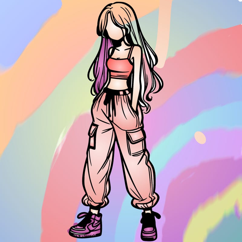 girl in baggy pants crop top and long hair