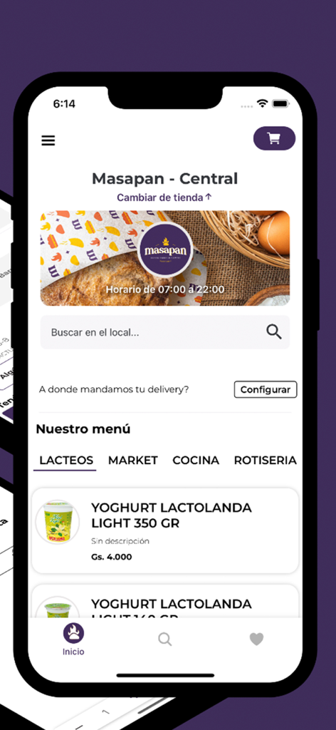 Masapan Paraguay Mobile App, die Menükategorien und Produktlisten anzeigt