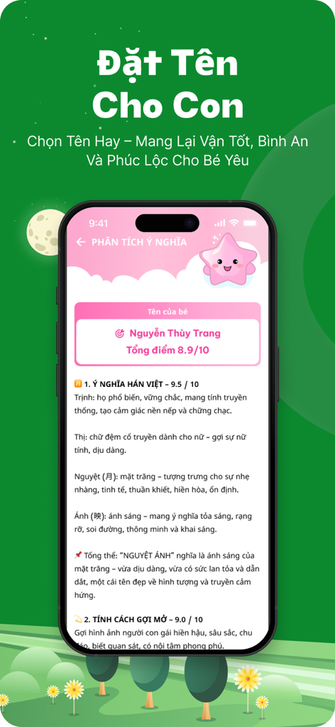 Lịch Âm - Lịch Vạn Niên 2026 - Una pantalla móvil que muestra un análisis detallado del significado y puntuación de un nombre de niño vietnamita en la aplicación Lich Am.