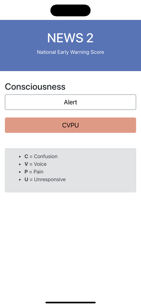 Interface do aplicativo médico NEWS2 mostrando avaliação de consciência com opções de escala CVPU