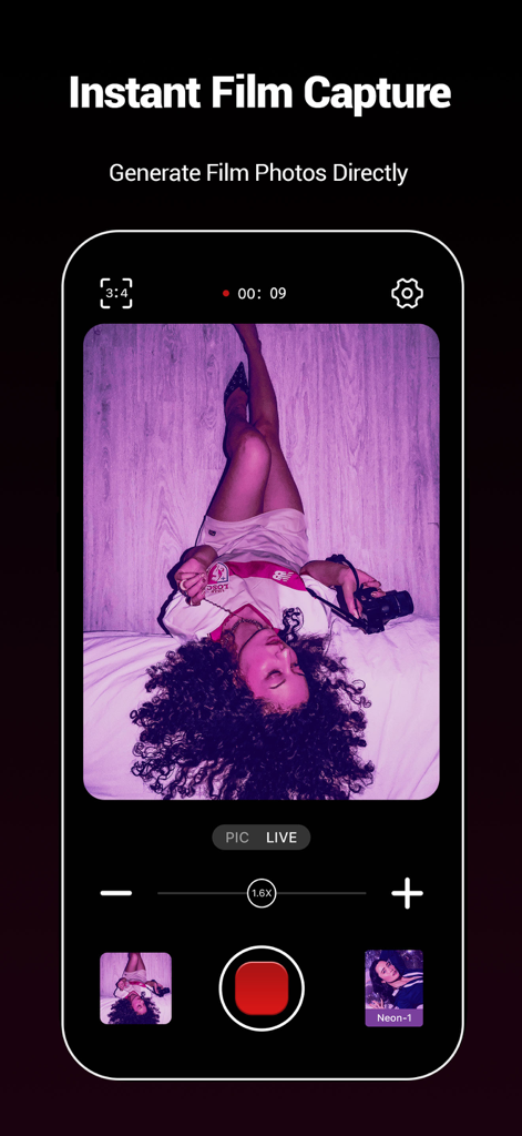 VizoCam app camera screen showing instant film capture with a neon purple filter