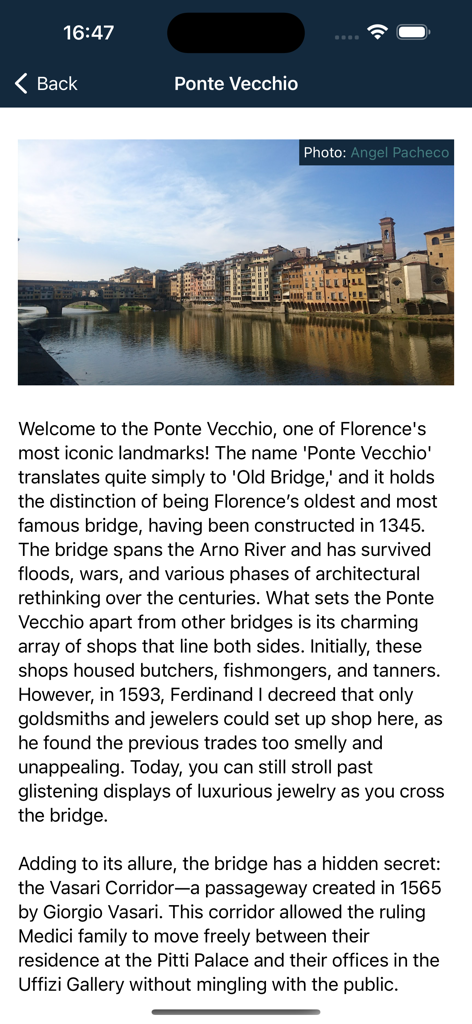 Guía histórica del puente Ponte Vecchio en Florencia en la aplicación de tours a pie Roam It