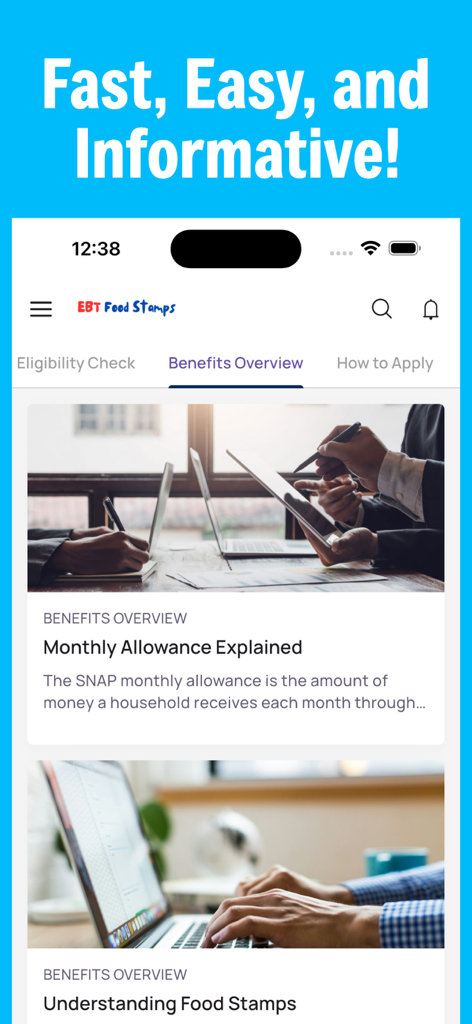 Interfaz de la aplicación EBT Food Stamps SNAP Guide que muestra un resumen de beneficios con artículos sobre asignaciones mensuales y comprensión de las estampillas de comida