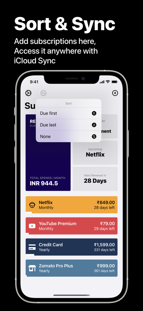 Subscription Manager - Recur - Recur subscription manager interface showing sorting options and a list of tracked services on an iPhone