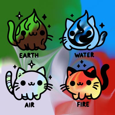 4 cats that represent the different elements, earth, water, air, and fire