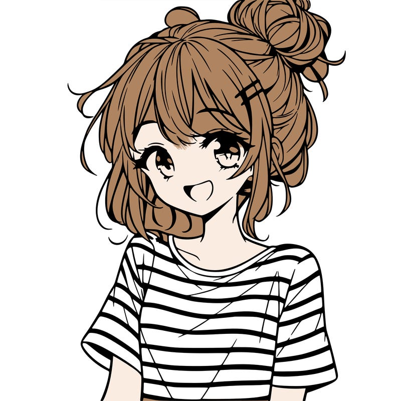 anime girl teenager striped shirt and smile and messy bun