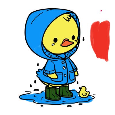 baby duck in a rain coat and boots, in a puddle while it’s raining