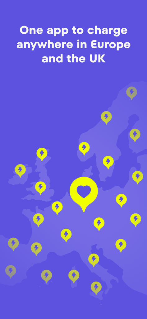 Map of Europe and the UK with numerous EV charging station pins