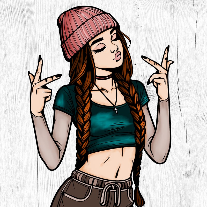realistic teenage girl with braids and a beanie and crop top doing 🫶🏼