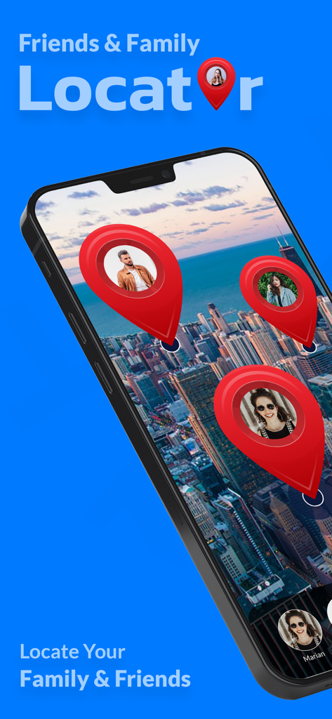 Find My Friends Family Locator - Interfaz de la aplicación móvil para localizar familiares y amigos con un mapa de ciudad en 3D con pines de fotos de perfil