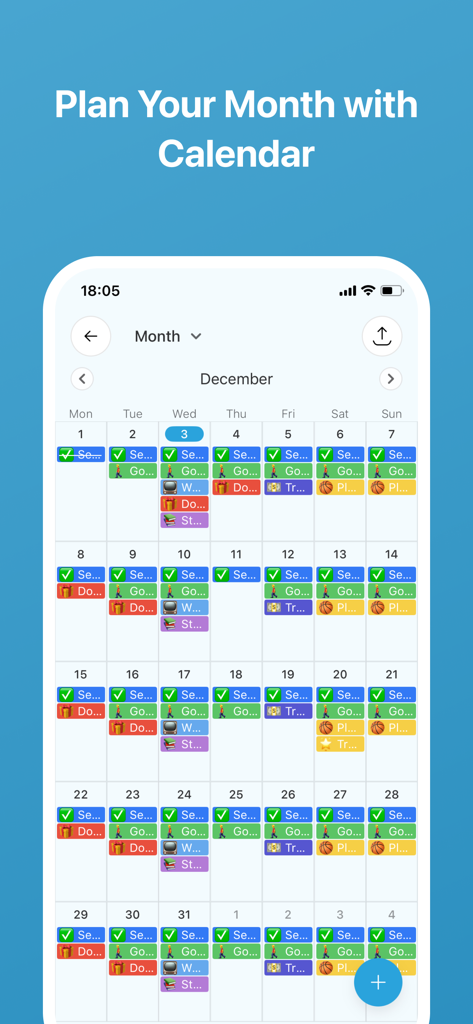 Daily Goal Tracker & Organizer - A monthly calendar view within the goal tracker app showing color-coded daily tasks and completed habits
