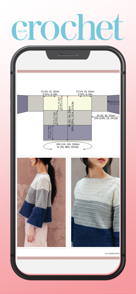 La aplicación Inside Crochet Magazine muestra un patrón técnico de suéter y fotos de la prenda terminada.