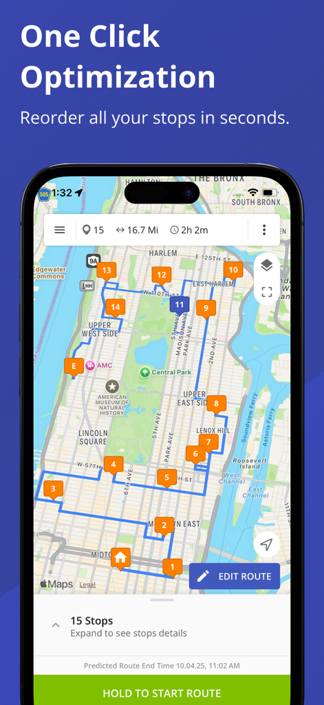 Route4Me Route Planner - Route4Me mobile app interface showing a map with fifteen optimized delivery stops in New York City