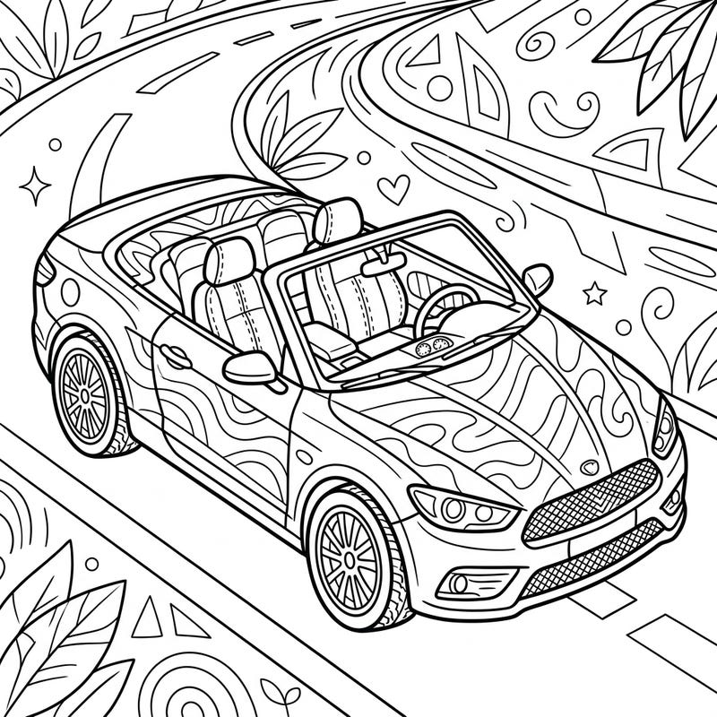 Ignite your artistic engine with this fantastic convertible car coloring page designed especially for teens. Featuring sleek lines and cool details, it's perfect for expressing your unique style and love for open-road adventures.