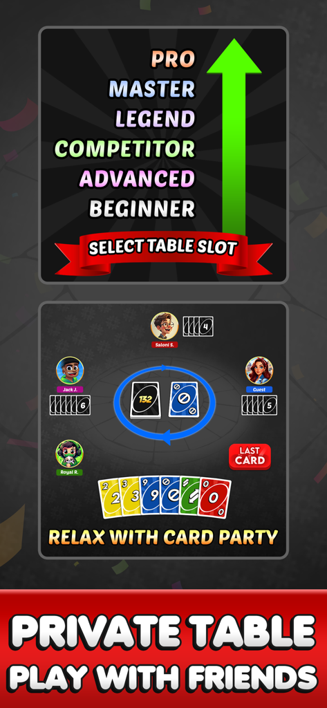 FLIP! Card Party with Friends - A mobile screen showing a private multiplayer card game table and player rank levels