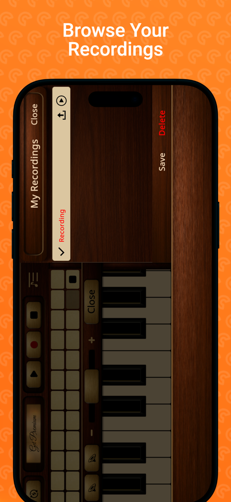 Davul and Zurna app interface showing the saved recordings library and musical keyboard.