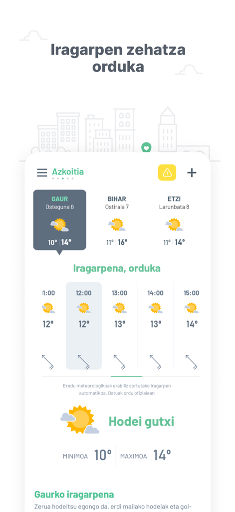 Pronóstico meteorológico por horas para Azkoitia en la interfaz de la aplicación móvil Euskalmet.