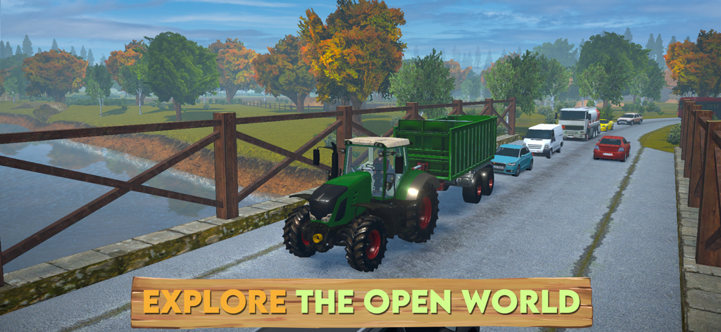 Farm Sim 2024 - A green tractor pulling a trailer across a bridge in an open world farming environment.