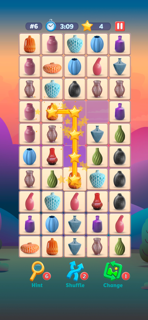 Pair Tiles: Match Puzzle 3-D - Una captura de pantalla de la jugabilidad del puzle Pair Tiles que muestra una coincidencia entre dos jarrones naranjas conectados por una línea amarilla.