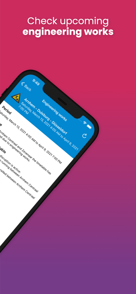 Screenshot dell'app Rijden de Treinen che mostra informazioni dettagliate sui lavori di ingegneria imminenti sulla rete ferroviaria olandese in inglese.