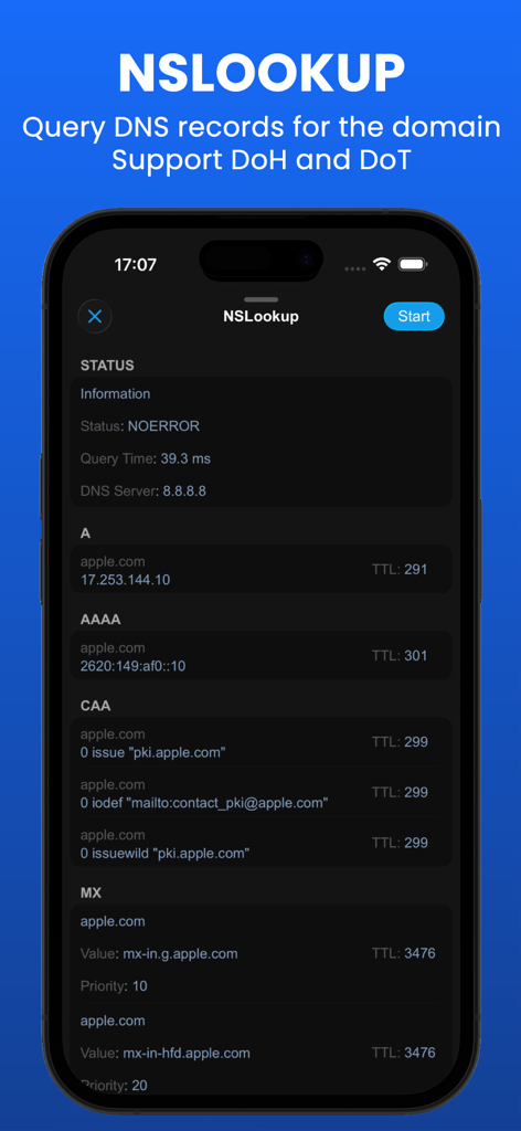 WIFI Analyzer - DNS Speed Test - Interface NSLookup montrant les enregistrements DNS détaillés pour un domaine, y compris les entrées A, AAAA et MX