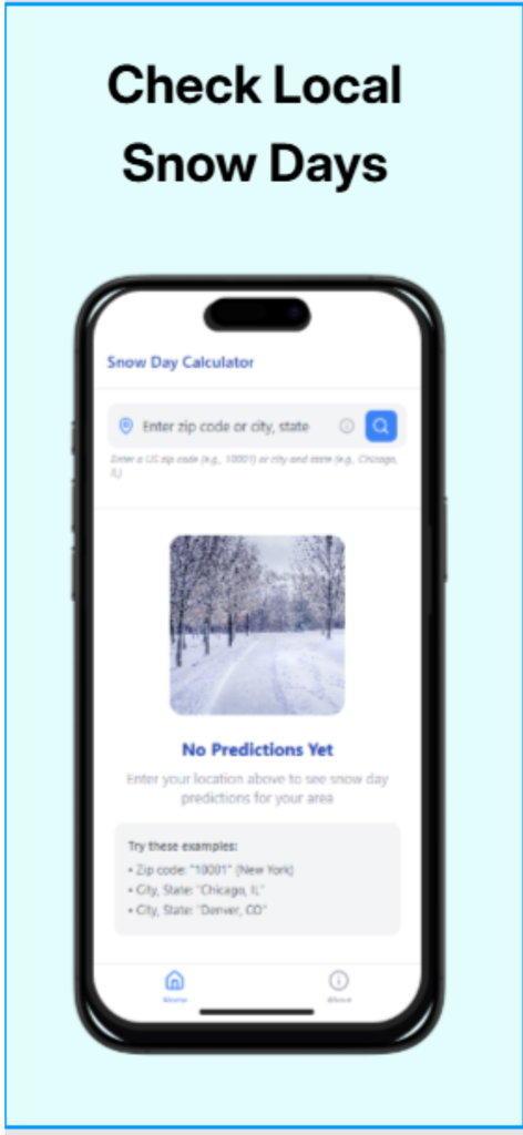 Search screen of Flurry Snow Day Predictor app for checking local school closure forecasts by zip code or city