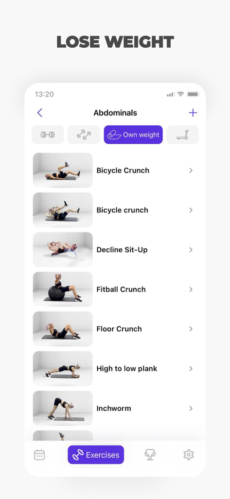 Uma tela móvel mostrando uma lista de exercícios abdominais como abdominais bicicleta e pranchas dentro de um aplicativo de fitness feminino.