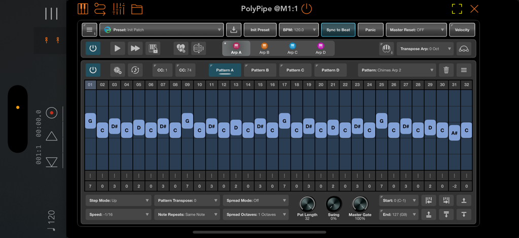 PolyPipe - PolyPipe AUv3 MIDI sequencer interface showing a 32-step melodic pattern with arpeggiator and playback settings