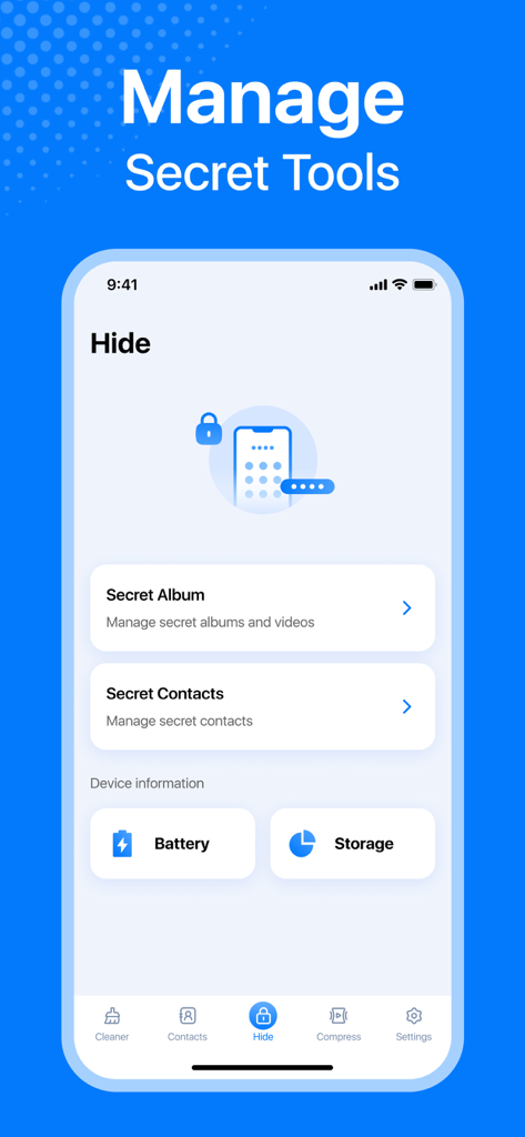 Cleaner: Phone Cleaning App - Interface of the phone cleaner app showing options to manage secret albums and contacts for privacy