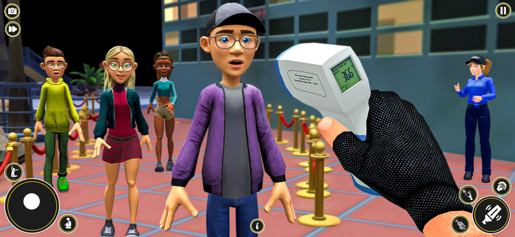 Security Duty Club Watchman - First-person perspective of a security guard checking a visitor's temperature with a digital thermometer at a club entrance