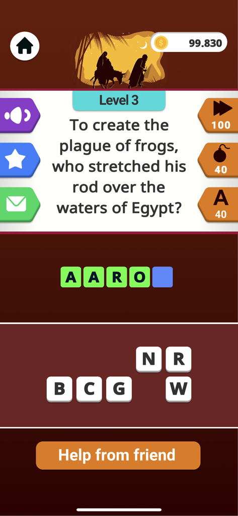 Bible Word Puzzle Games - Bible word trivia game screen featuring a question about the plague of frogs and a crossword puzzle interface.