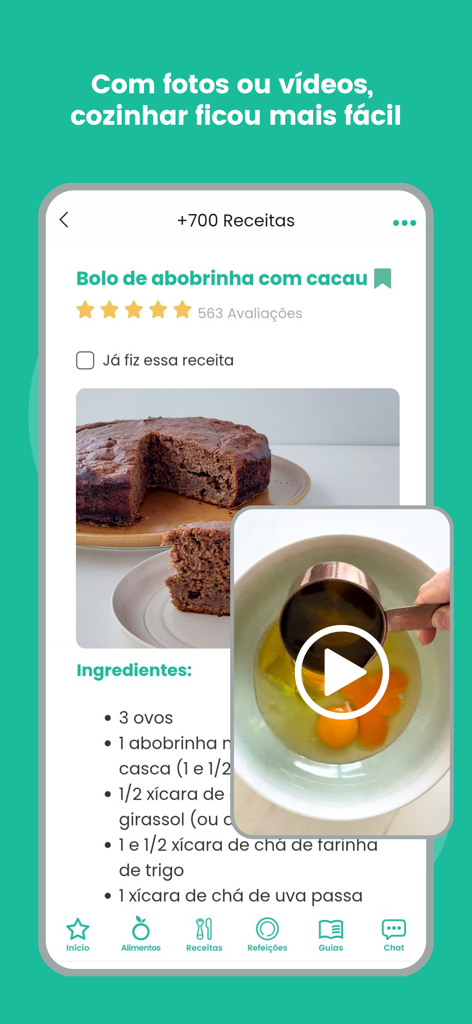 Zucchini cocoa cake recipe screen with video instructions and ingredients on Garfinho app.