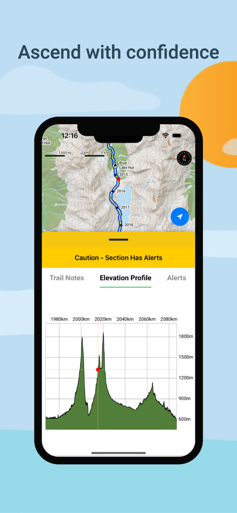 La aplicación Te Araroa Trail mostrando un mapa de excursionismo y un perfil de elevación detallado