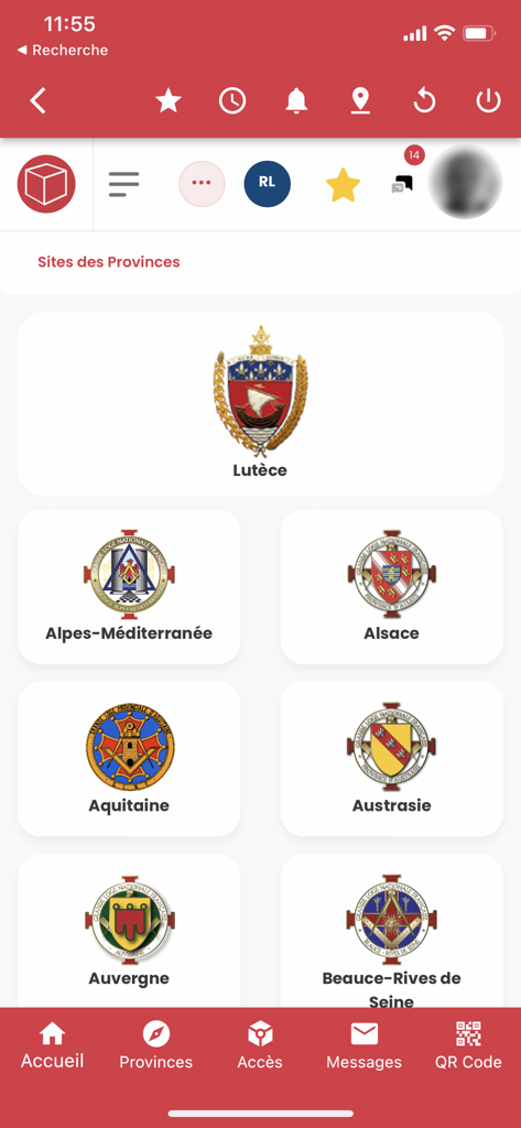 EgRegius - Interface de l'application EgRegius montrant une liste des provinces maçonniques françaises avec leurs blasons héraldiques respectifs