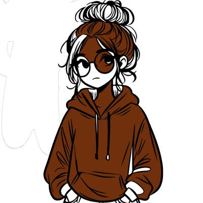 teen girl with a messy bun and glasses wearing a loose hoodie and jeans